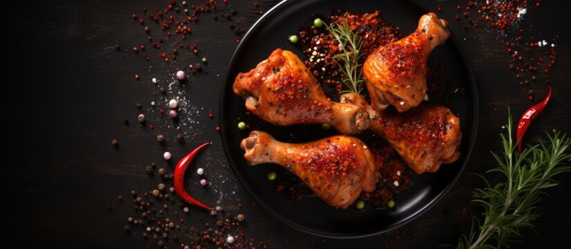 fried chicken legs in soy sauce spices herbs top view homemade. Website header. Creative Banner. Copyspace image