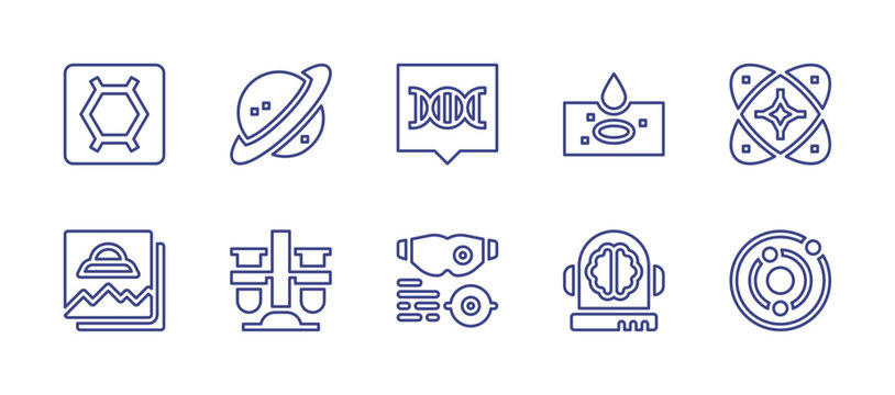 Science line icon set. Editable stroke. Vector illustration. Containing saturn, chemistry, dialogue, slide, glasses, brain, big bang, solar system, cell, photo.