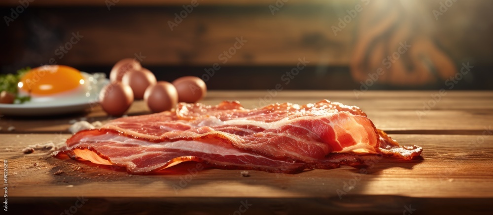 Poster Fried eggs with bacon on the wooden table. Website header. Creative Banner. Copyspace image