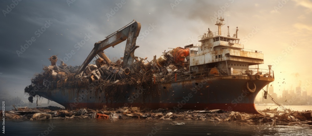 Aufkleber metal scrap being loaded into a ship for recycling excavator loading scrap metal on cargo ship grab 