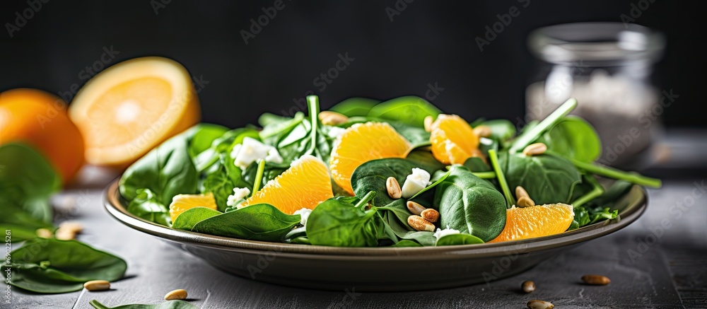 Poster fresh spinach salad with oranges feta ricotta cheese red onion and pine nuts. website header. creati