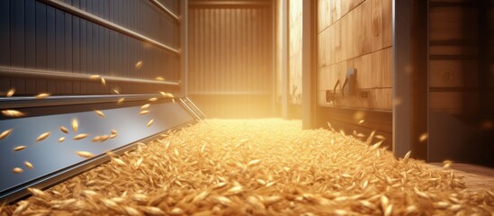 Loading process of wheat grain in elevator granary warehouse Agro manufacturing plant equipment Harvest time. Website header. Creative Banner. Copyspace image - obrazy, fototapety, plakaty