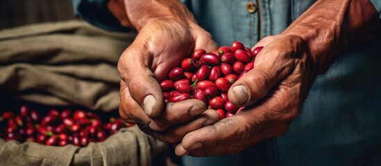 Latin farmer showing picked red coffee beans in his hands Coffee farmer is harvesting coffee in the farm arabica coffee. Website header. Creative Banner. Copyspace image - obrazy, fototapety, plakaty