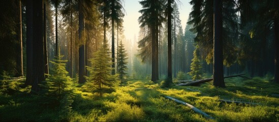 Healthy green trees in a forest of old spruce fir and pine trees in wilderness of a national park lit by bright yellow sunlight Sustainable industry ecosystem and healthy environment concepts - obrazy, fototapety, plakaty