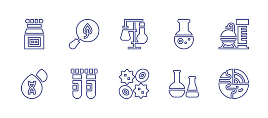 Science line icon set. Editable stroke. Vector illustration. Containing test tube, nuclear, chemical, geology, search, laboratory, blood cells, toxic chemical, blood. - obrazy, fototapety, plakaty
