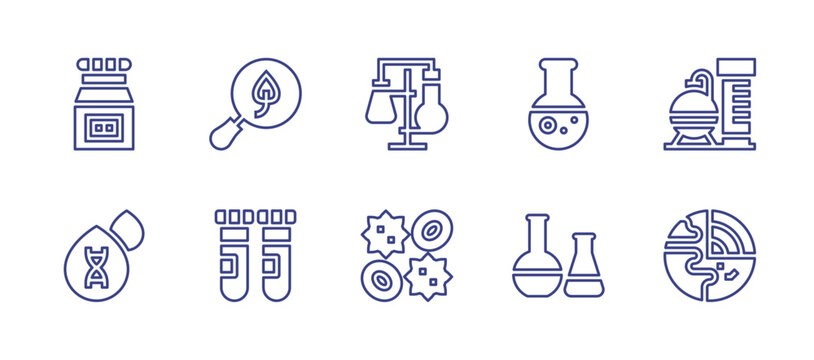 Science line icon set. Editable stroke. Vector illustration. Containing test tube, nuclear, chemical, geology, search, laboratory, blood cells, toxic chemical, blood.