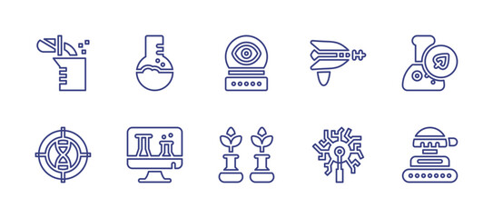 Science line icon set. Editable stroke. Vector illustration. Containing gun, biology, plasma ball, tank, experiment, online class, alien, sprouts, target.