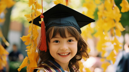Happy Asian school kid graduate in graduation cap looking up