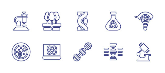 Science line icon set. Editable stroke. Vector illustration. Containing science, data science, dna, flask, leaf, microscope, petri dish.