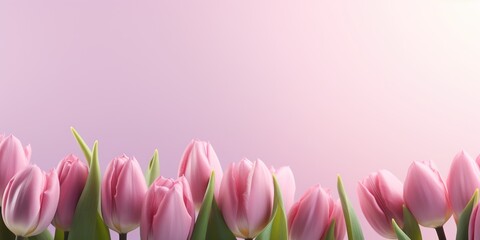 Fototapeta premium Pink tulips stand in a neat line with a pastel backdrop enhancing their color.