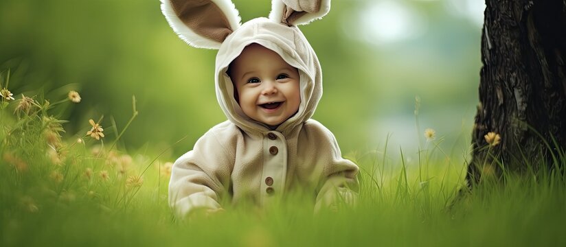 Kid in bunny costume sitting on grass in park and smiling. Website header. Creative Banner. Copyspace image