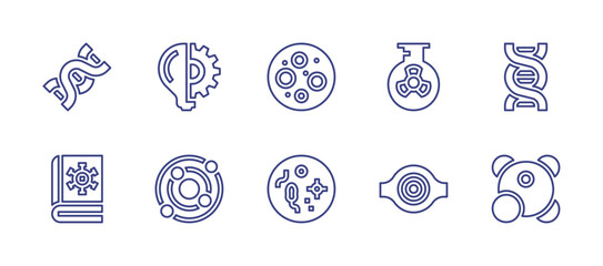 Science line icon set. Editable stroke. Vector illustration. Containing idea, atom, flask, dna, black hole, metabolism, moon, virus, book.