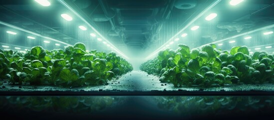 Organic hydroponic vegetable grow with LED Light Indoor farm Agriculture Technology Soilless culture of vegetables under artificial light. Website header. Creative Banner. Copyspace image
