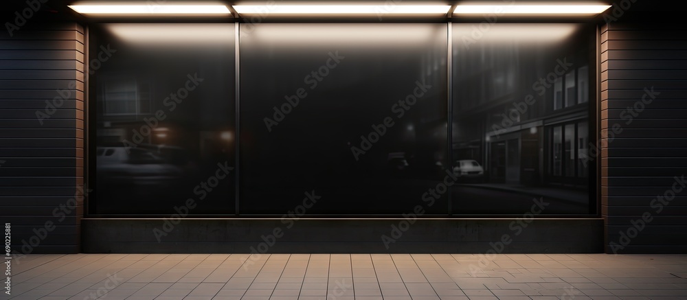 Poster horizontal black empty signage on clothes shop front with glass windows. website header. creative ba