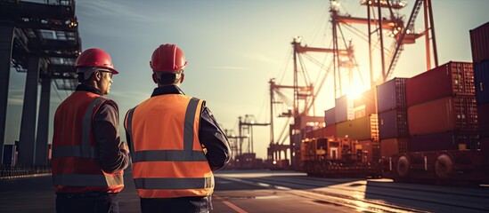 Port manager and a colleague tracking inventory while standing together by freight containers on a large commercial shipping dock. Website header. Creative Banner. Copyspace image - Powered by Adobe
