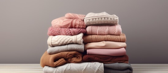 Pile of folded knitted warm women sweaters and scarves on gray background Soft comfortable cozy...