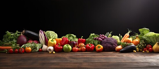 Healthy eating background studio photography of different fruits and vegetables on old wooden...
