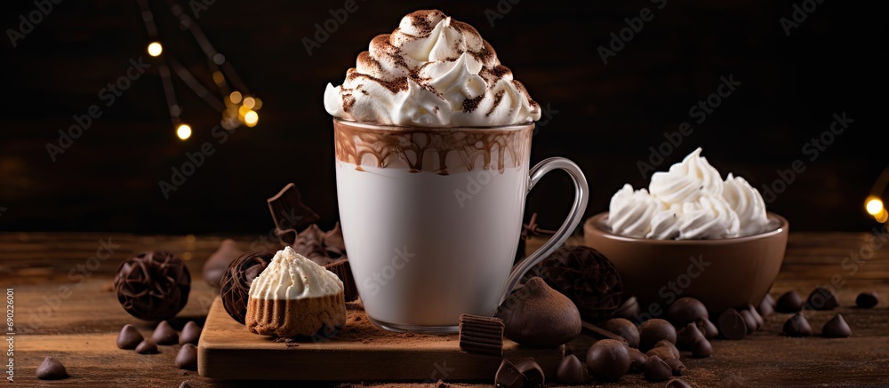 Poster Glass of hot chocolate with whipped cream and truffles on an old brown table Copy space. Website header. Creative Banner. Copyspace image
