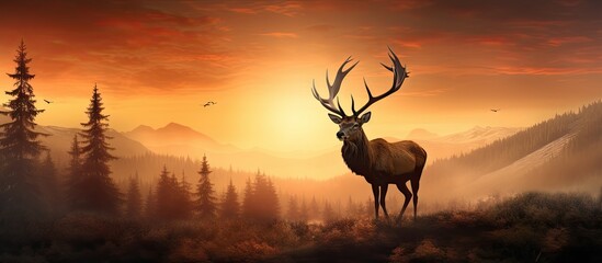 Magical Misty Morning Sunrise Evening Sunset Rocky Mountain Elk Bull. Website header. Creative Banner. Copyspace image