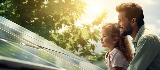 Father with his little daughter near their house with solar panels Alternative energy saving resources and sustainable lifestyle concept. Website header. Creative Banner. Copyspace image