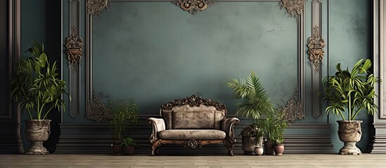 Luxurious light interior of the room with stucco on the walls sofa wigwam and chest of drawers decorated with plants. Website header. Creative Banner. Copyspace image