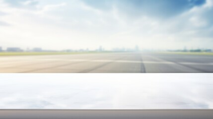 empty table white top with blur background of runway airport, Advertisement, Print media, Illustration, Banner, for website, copy space, for word, template, presentation