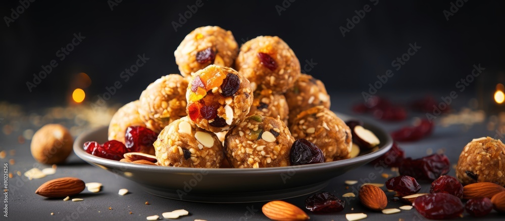 Aufkleber oatmeal energy balls no cook energy bites with nuts dried fruits and peanut butter. website header. 