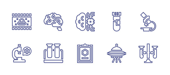 Science line icon set. Editable stroke. Vector illustration. Containing artificial intelligence, test tube, microscope, ufo, test tubes, brain, report, video, hpv.