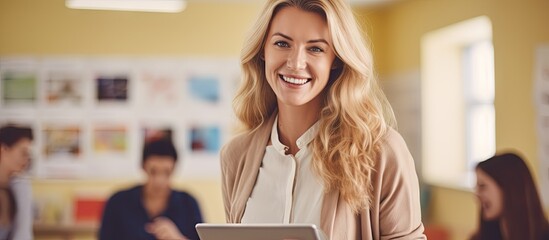 Front view of a Caucasian female elementary school teacher with long blonde hair sitting on a desk in a classroom using a tablet computer and smiling. Website header. Creative Banner. Copyspace image - obrazy, fototapety, plakaty