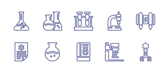 Science line icon set. Editable stroke. Vector illustration. Containing laboratory, chemistry, microscope, jetpack, phage, test tube, handbook, flask, analysis.