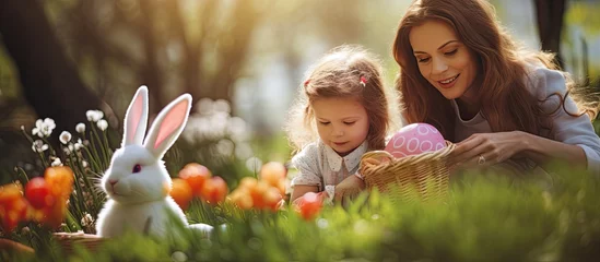 Schilderijen op glas Happy easter Mother and daughter begin to hunt for Easter eggs Happy family preparing for Easter Cute little child girl wearing bunny ears on Easter day. Website header. Creative Banner © HN Works