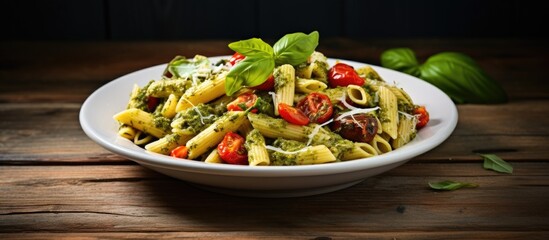 Pasta salad with baked vegetables Penne pasta with baked peppers eggplant pesto and cheese in a white plate on a dark wooden table top view Italian food Rustic style Copy space for text - Powered by Adobe