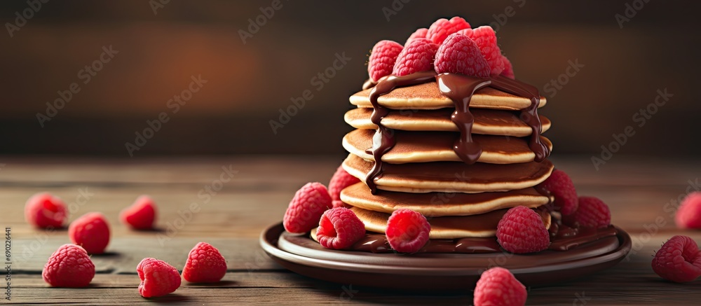 Poster homemade heart shaped pancakes stack with chocolate and raspberries. website header. creative banner