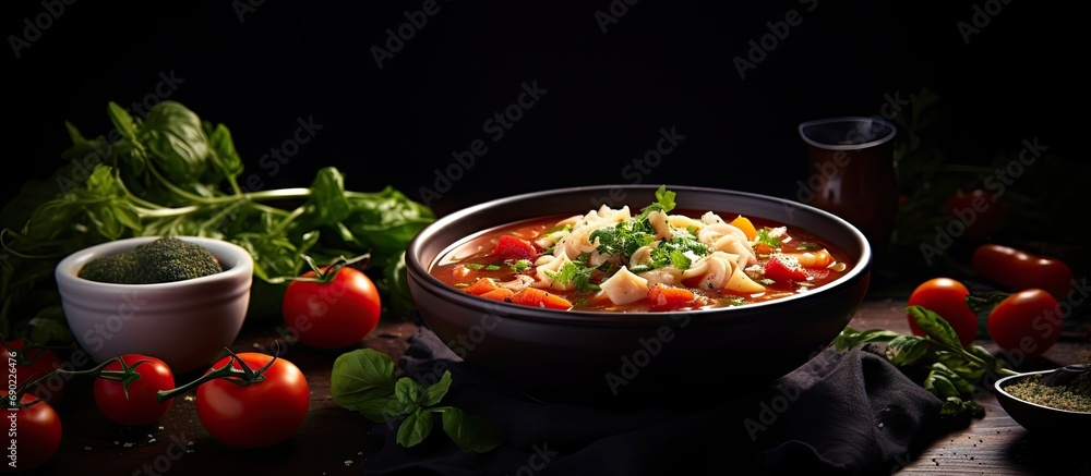 Poster minestrone italian vegetable soup with pasta on dark table. website header. creative banner. copyspa