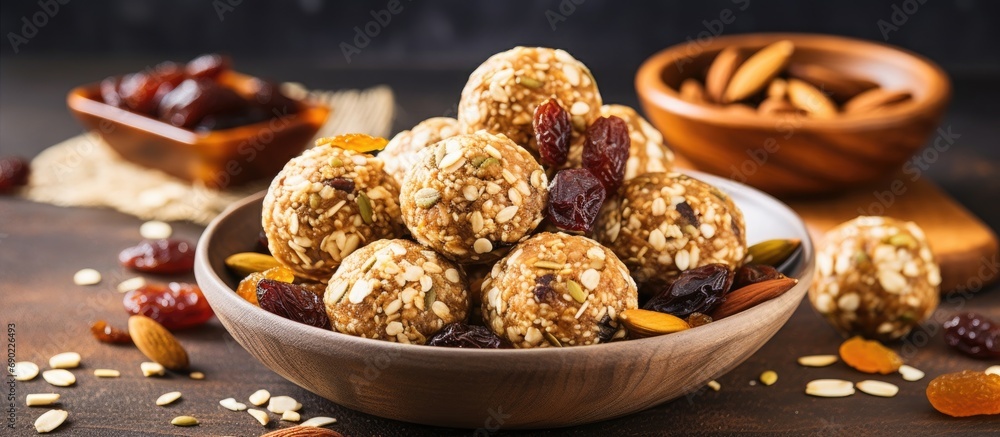 Poster oatmeal energy balls no cook energy bites with nuts dried fruits and peanut butter. website header. 