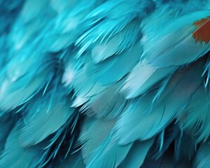 Aqua Feathers Still Life with an incredible Contrast. Closeup Texture and an Amazing Blue Background. - obrazy, fototapety, plakaty