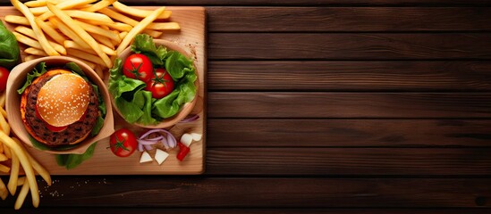 high angle close up burger with fries plate. Website header. Creative Banner. Copyspace image