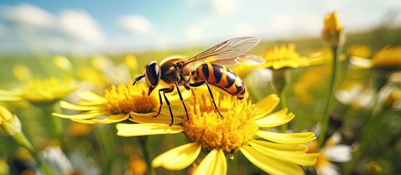 Fascinating world of Long hoverfly Sphaerophoria scripta Insect seen in the meadow during summer season. Website header. Creative Banner. Copyspace image
