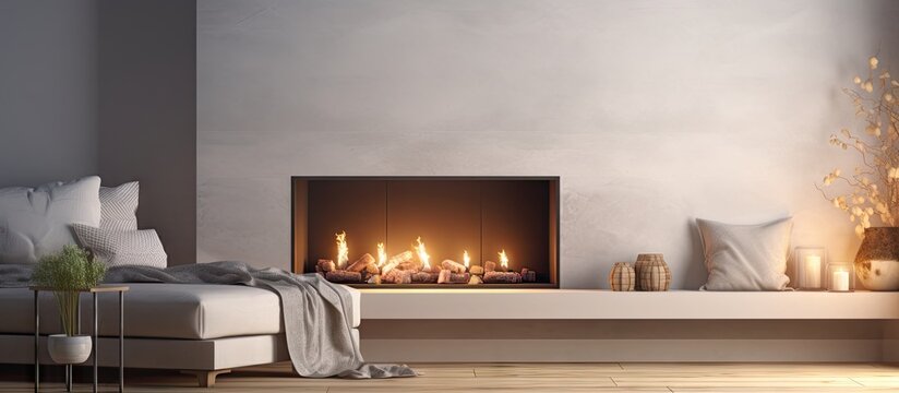 Fireplace with beautiful decorations in comfortable living room. Website header. Creative Banner. Copyspace image