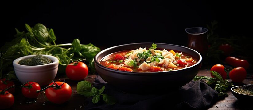 Minestrone italian vegetable soup with pasta on dark table. Website header. Creative Banner. Copyspace image
