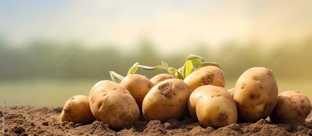 Poster fresh potato in the busket fresh organic potatoes in the field harvesting potatoes from soil selecti