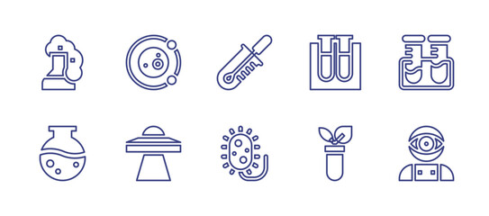 Science line icon set. Editable stroke. Vector illustration. Containing flask, space, sample, ufo, bacteria, chemistry, test tubes, test tube, artificial intelligence.
