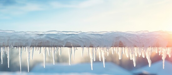 Ice dam in gutter and ice frozen on roof in winter focus on icicles in foreground. Website header. Creative Banner. Copyspace image