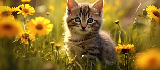 Little cute striped kitten in the garden near the sunflower flower. Website header. Creative Banner. Copyspace image