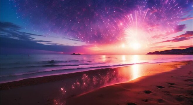 beautiful view of fireworks on the beach footage
