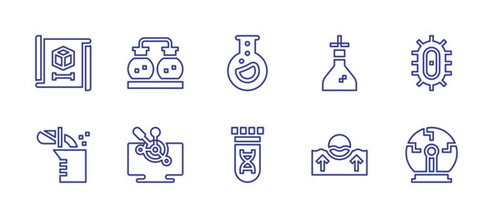 Science line icon set. Editable stroke. Vector illustration. Containing prototype, experiment, flask, bacteria, chemical reaction, tube, plasma ball, float, chemistry, virtual lab.