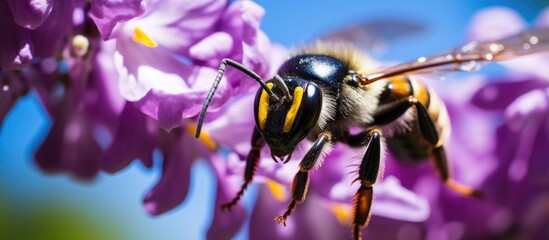 Encounter the vibrant Violet Carpenter Bee Xylocopa violacea Late spring shots. Website header. Creative Banner. Copyspace image - obrazy, fototapety, plakaty