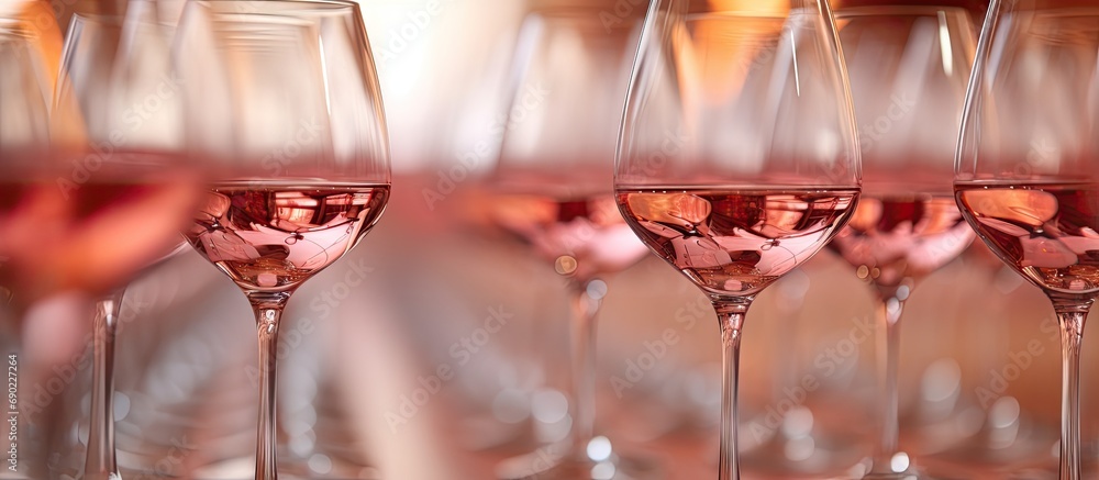 Poster glasses of rose wine seen during a friendly party of a celebration. website header. creative banner.