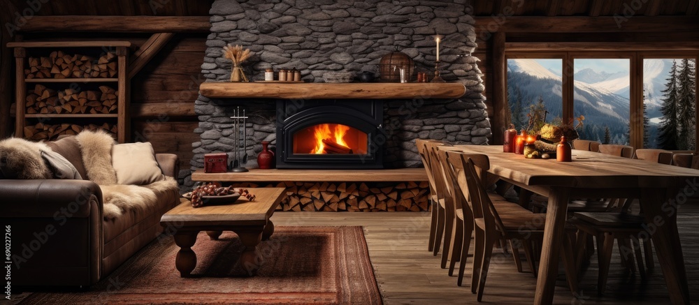 Poster log cabin rustic living room with large table and stove. website header. creative banner. copyspace 