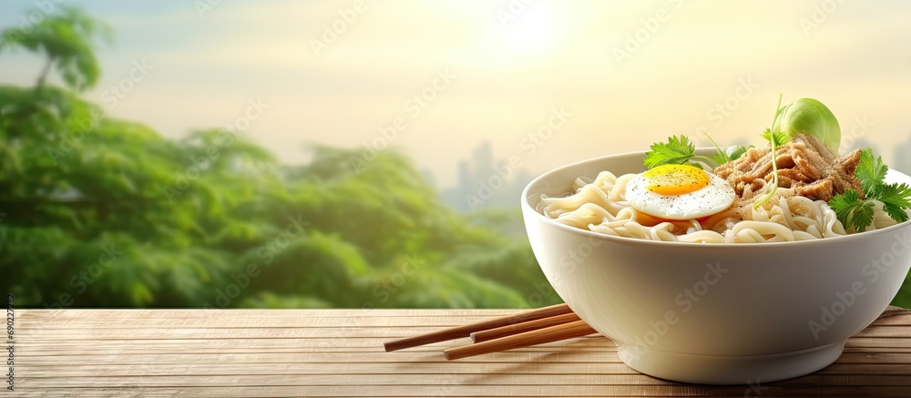 Poster Instant noodle soup with minced pork and boiled egg in white bowl on wood table. Website header. Creative Banner. Copyspace image